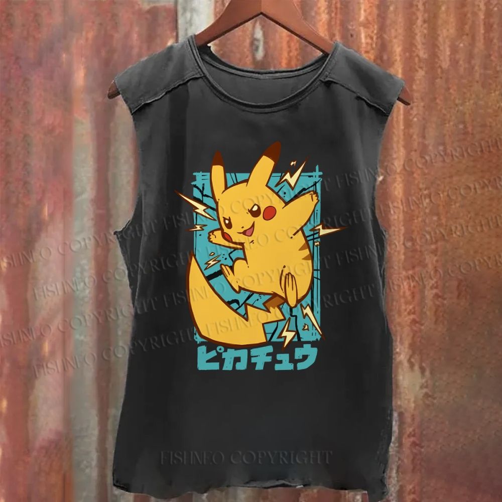 Pikachu Printed Vintage Washed Tank Top