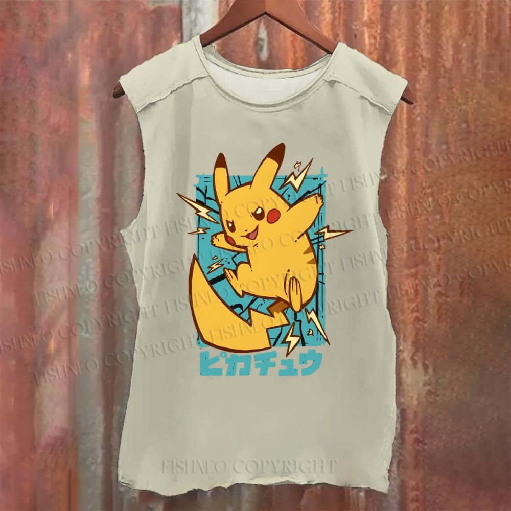 Pikachu Printed Vintage Washed Tank Top