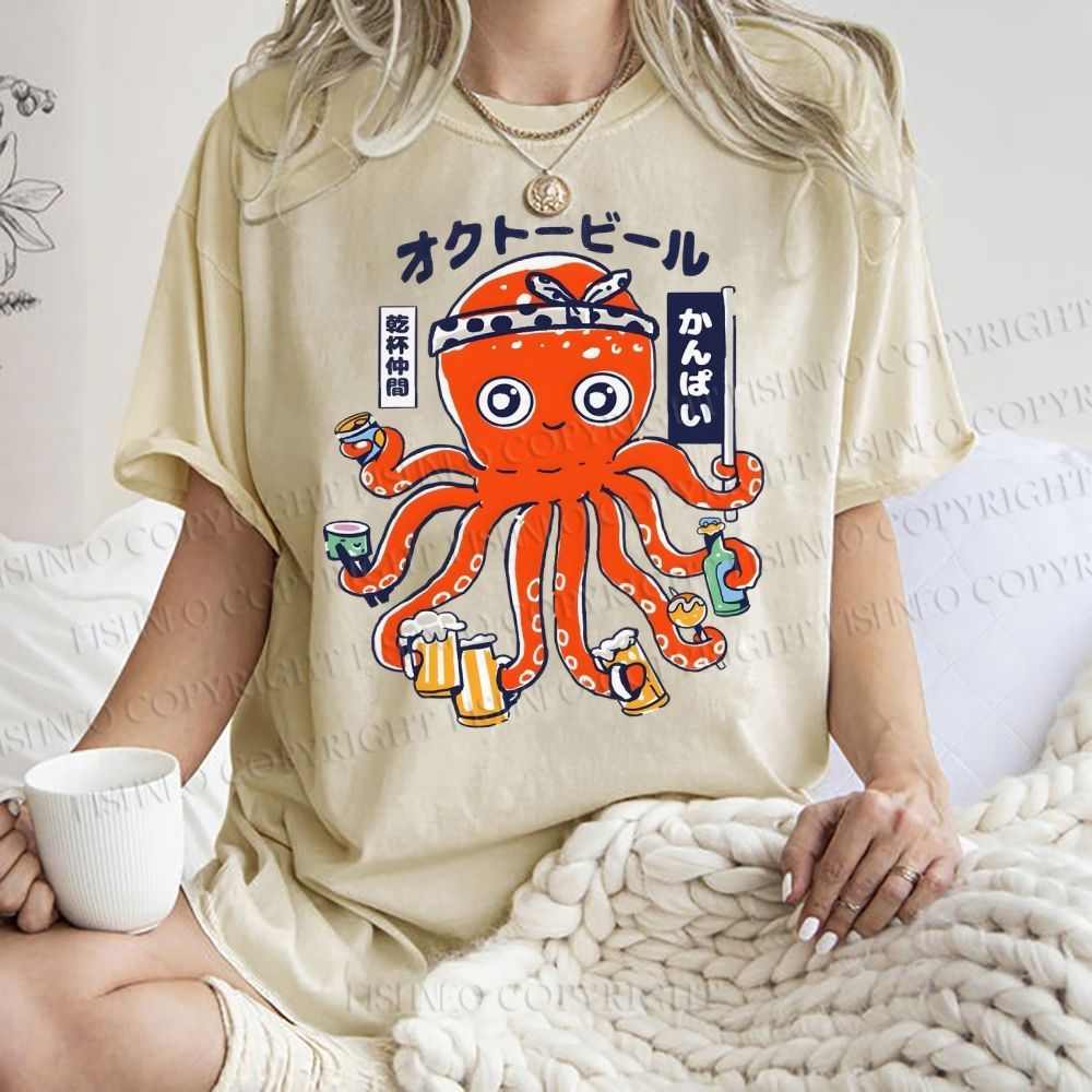 Unisex Octopus Beer Printed Washed Tee