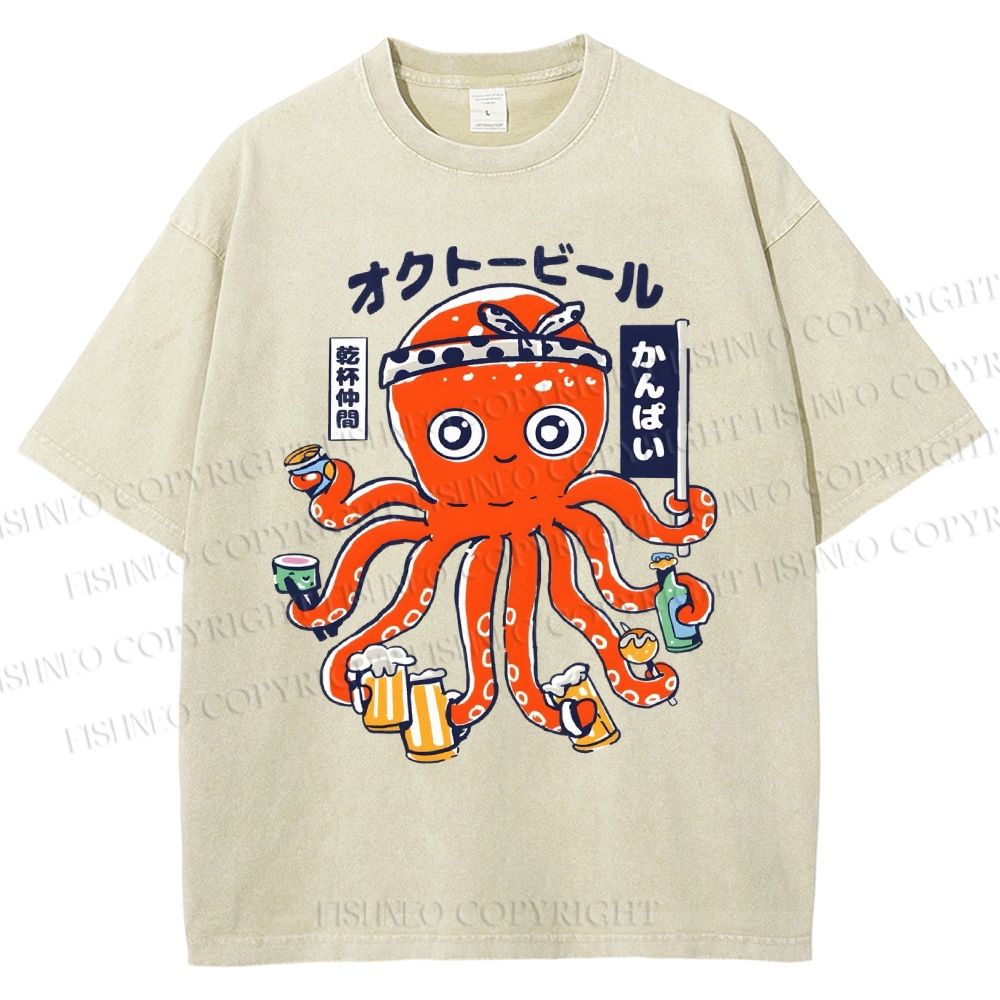 Unisex Octopus Beer Printed Washed Tee