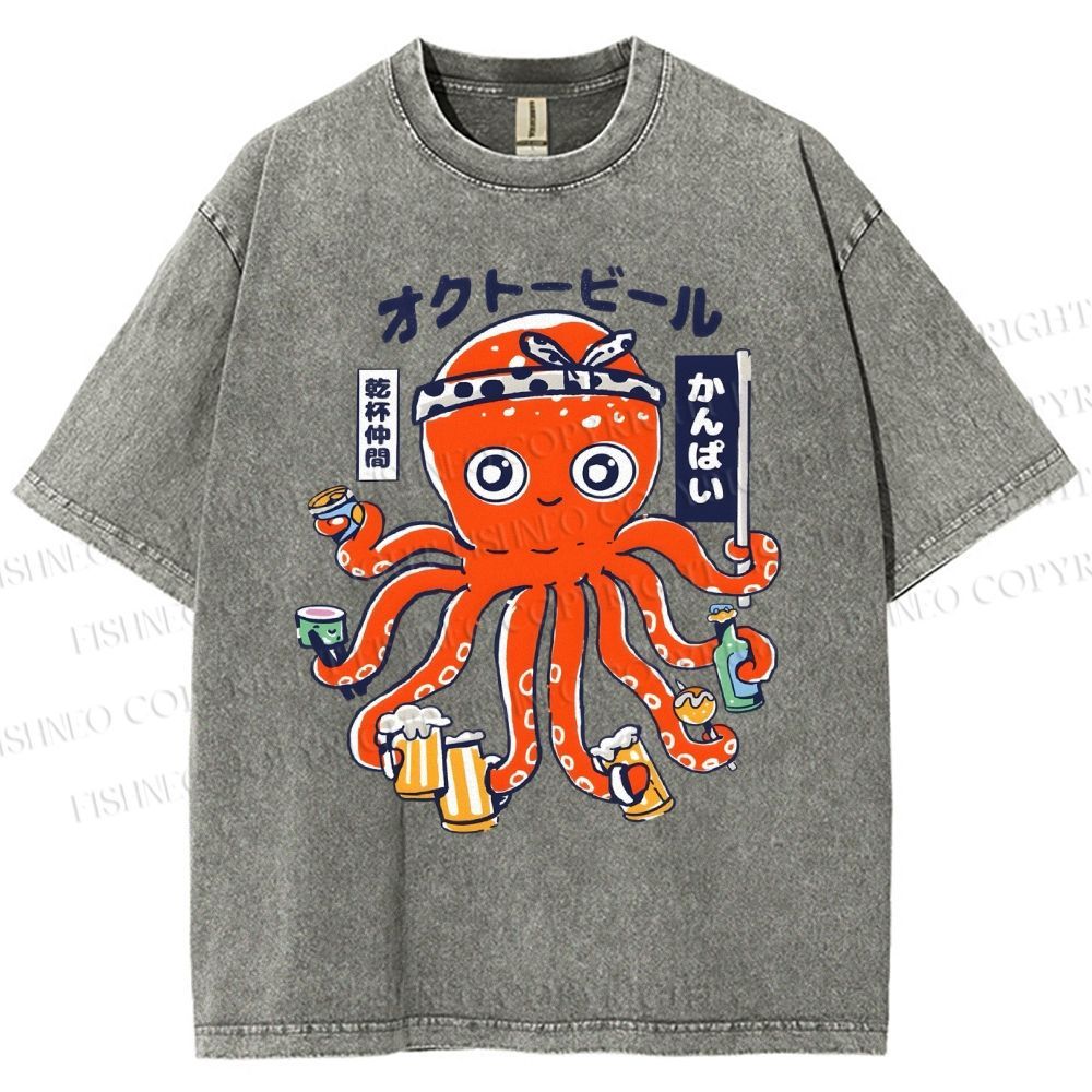 Unisex Octopus Beer Printed Washed Tee