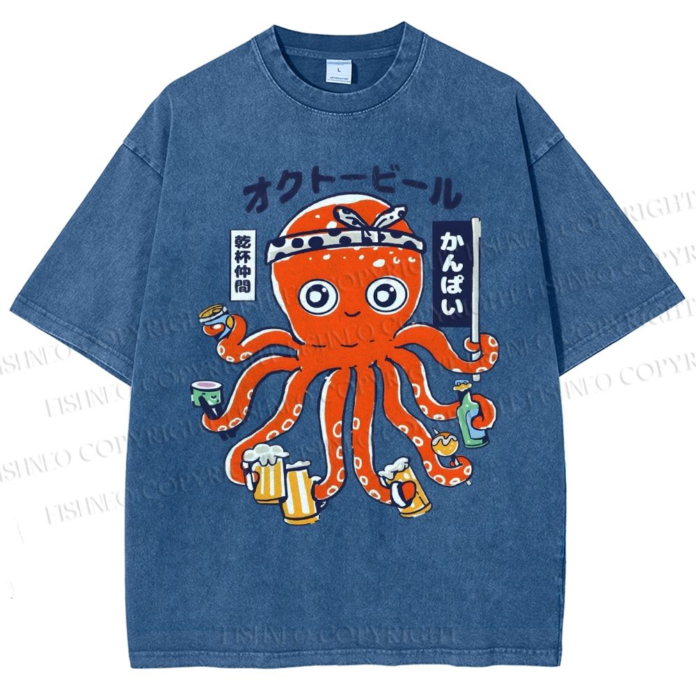 Unisex Octopus Beer Printed Washed Tee