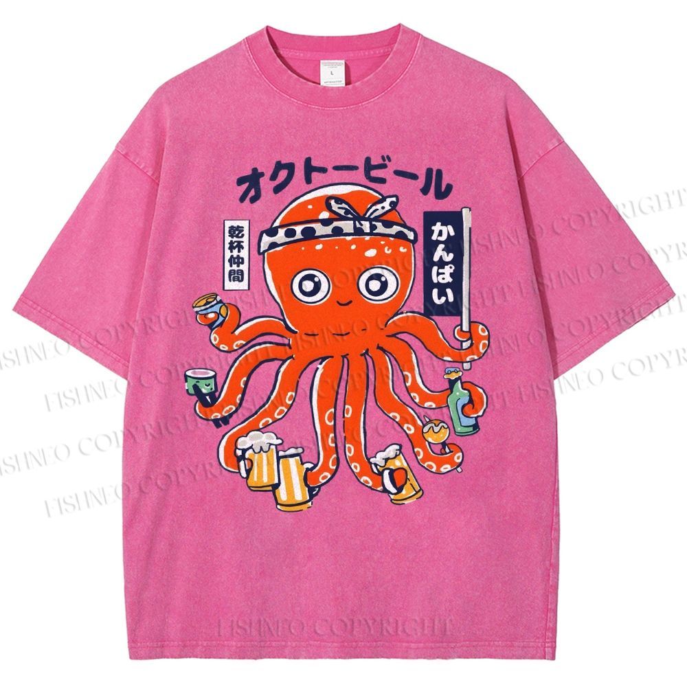 Unisex Octopus Beer Printed Washed Tee