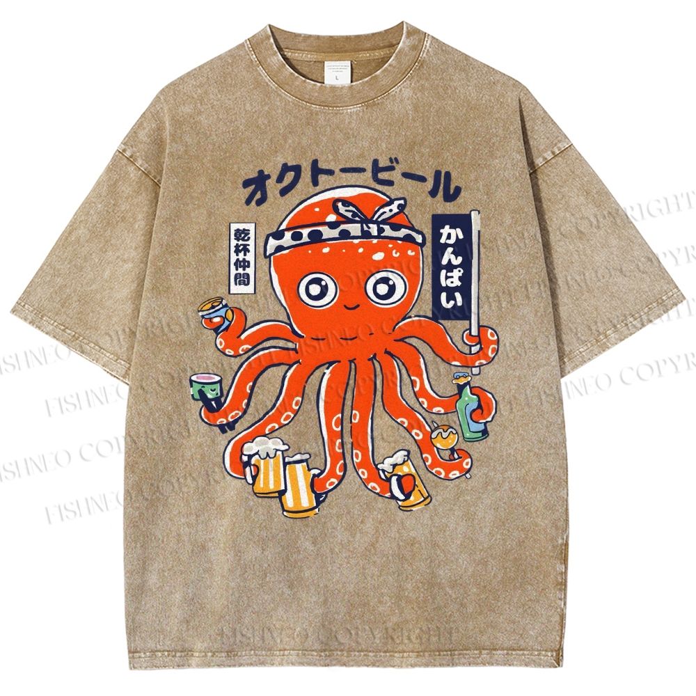 Unisex Octopus Beer Printed Washed Tee