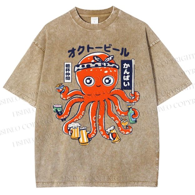 Unisex Octopus Beer Printed Washed Tee