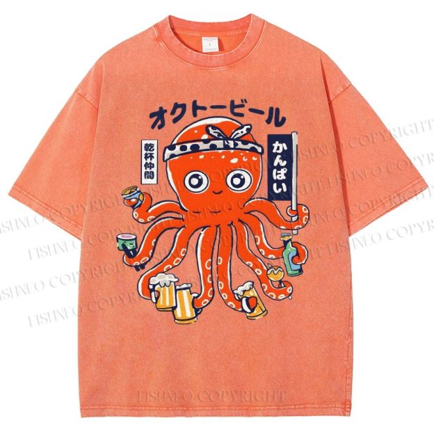 Unisex Octopus Beer Printed Washed Tee
