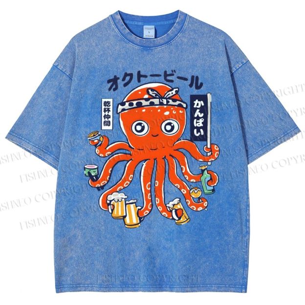 Unisex Octopus Beer Printed Washed Tee