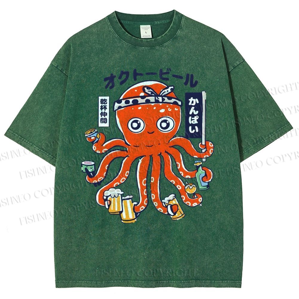Unisex Octopus Beer Printed Washed Tee