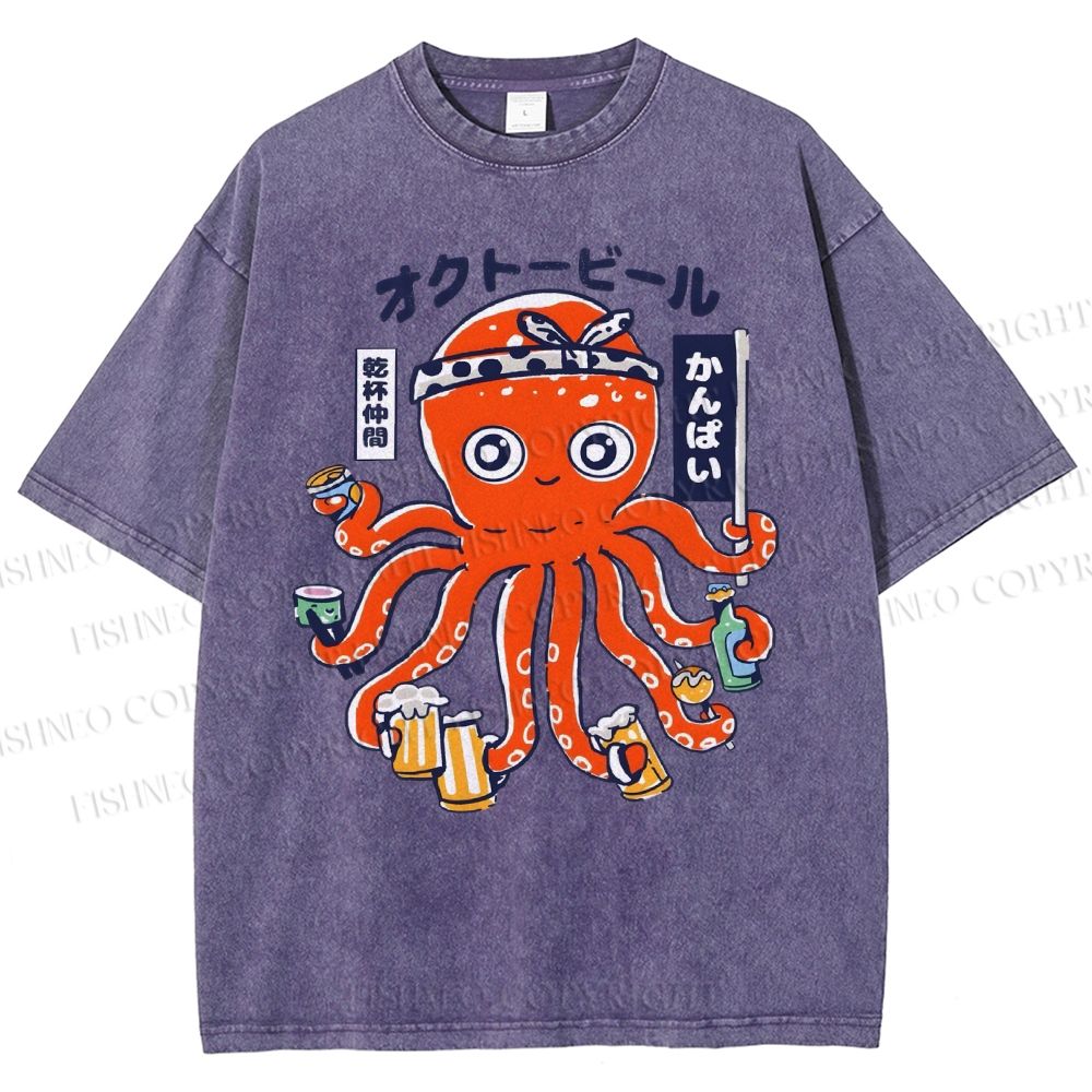 Unisex Octopus Beer Printed Washed Tee