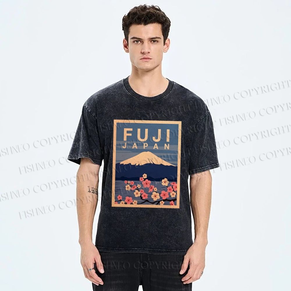 Unisex Japanese Fuji Printed Washed Tee
