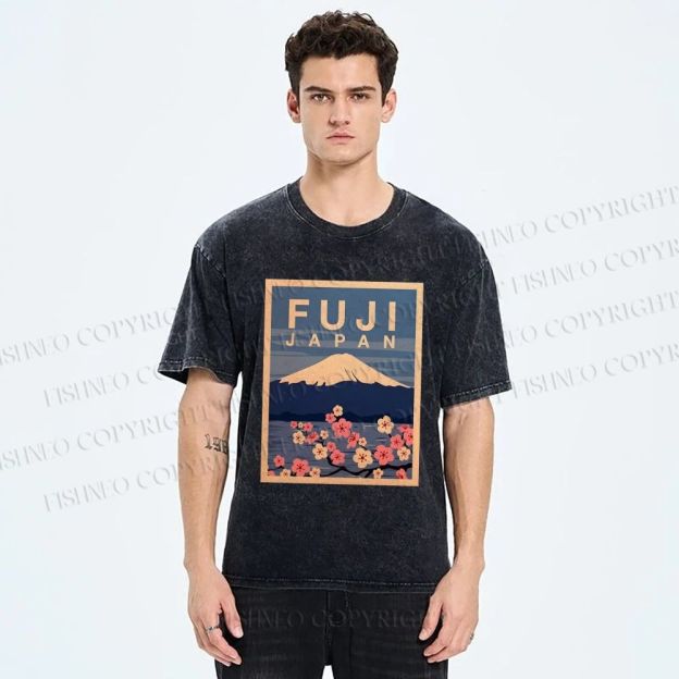 Unisex Japanese Fuji Printed Washed Tee