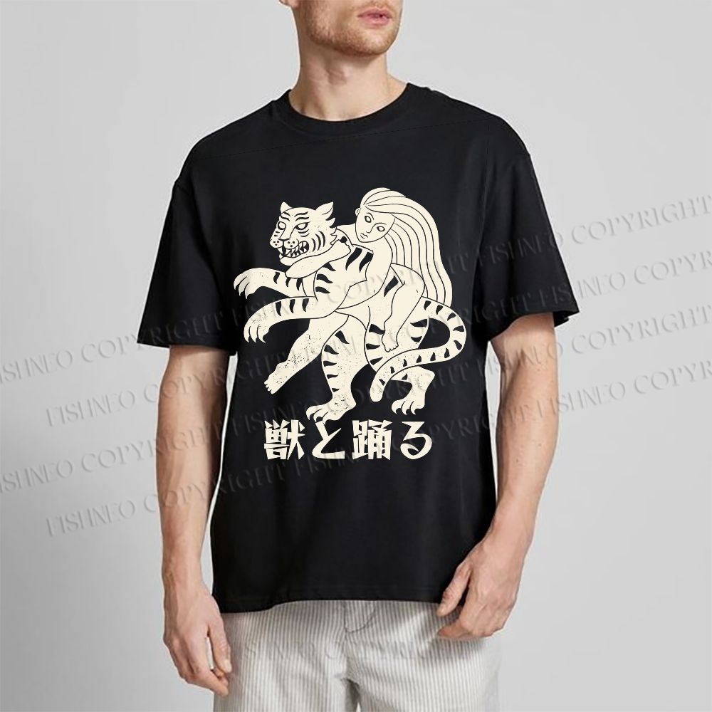 Unisex Vintage Japanese Tiger Dancing With Woman Classic Cotton T-shirt