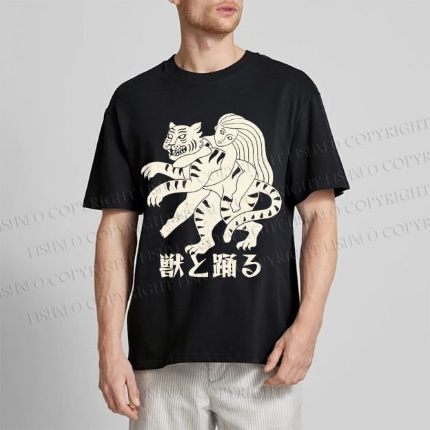 Unisex Vintage Japanese Tiger Dancing With Woman Classic Cotton T-shirt