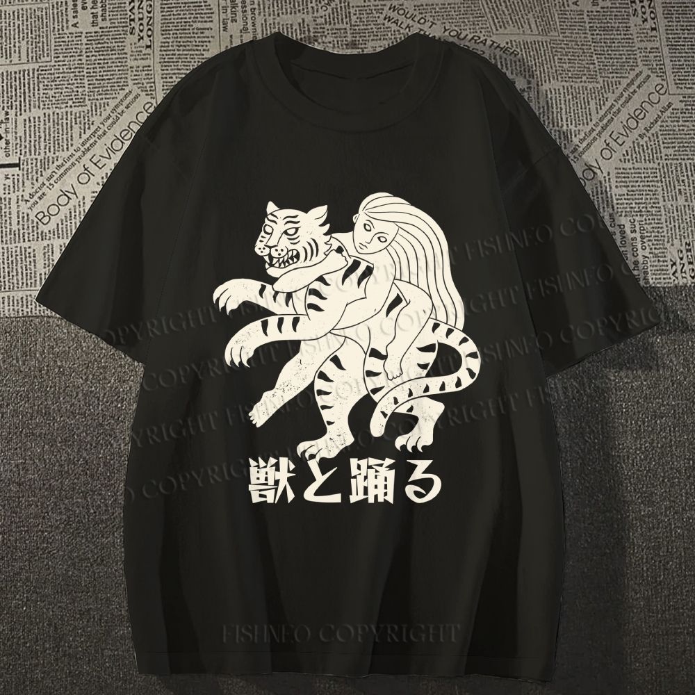 Unisex Vintage Japanese Tiger Dancing With Woman Classic Cotton T-shirt