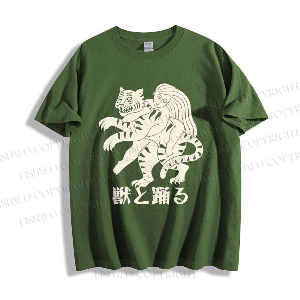 Unisex Vintage Japanese Tiger Dancing With Woman Classic Cotton T-shirt
