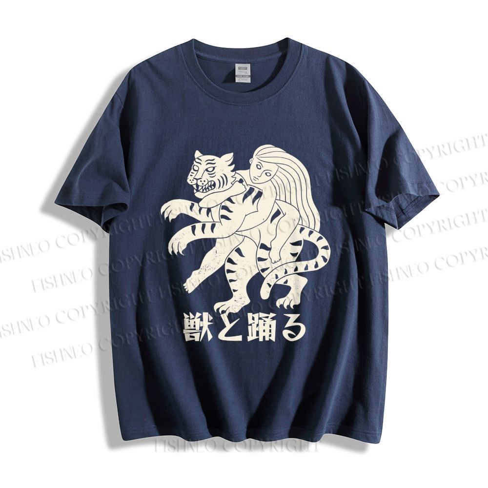 Unisex Vintage Japanese Tiger Dancing With Woman Classic Cotton T-shirt