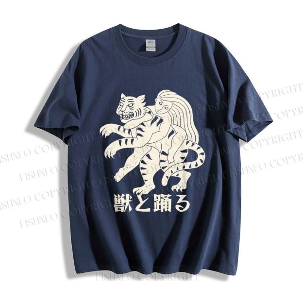 Unisex Vintage Japanese Tiger Dancing With Woman Classic Cotton T-shirt