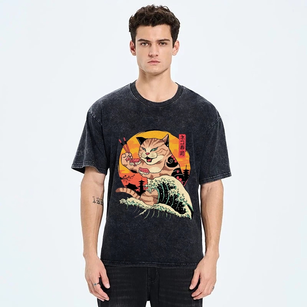  Ukiyoe Cat Washed T-Shirt