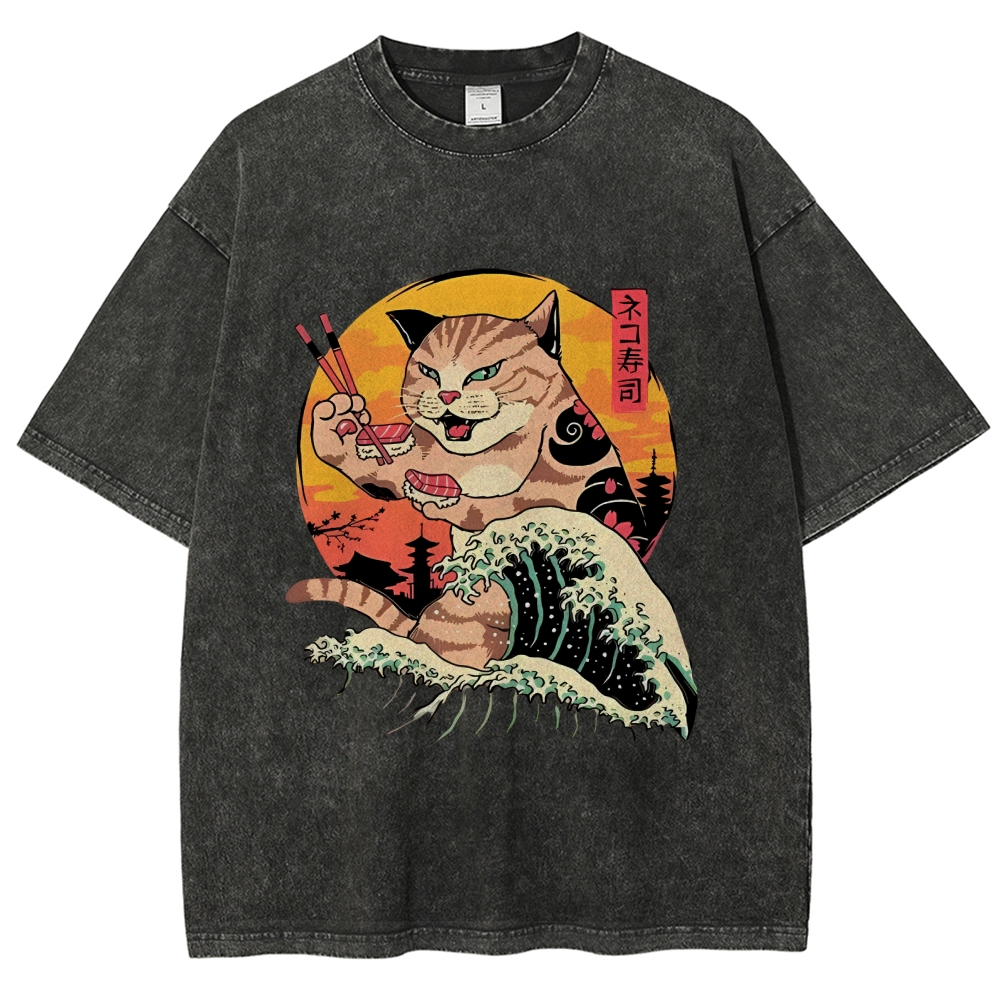  Ukiyoe Cat Washed T-Shirt