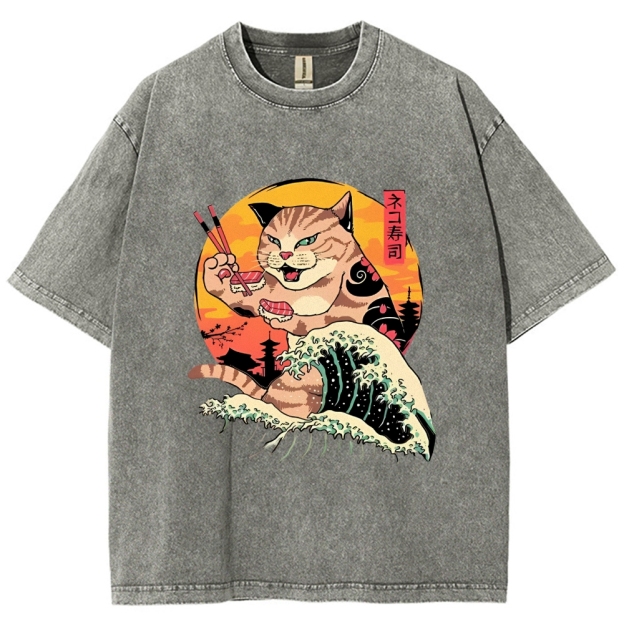  Ukiyoe Cat Washed T-Shirt