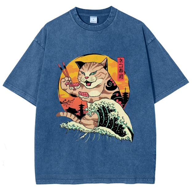 Ukiyoe Cat Washed T-Shirt