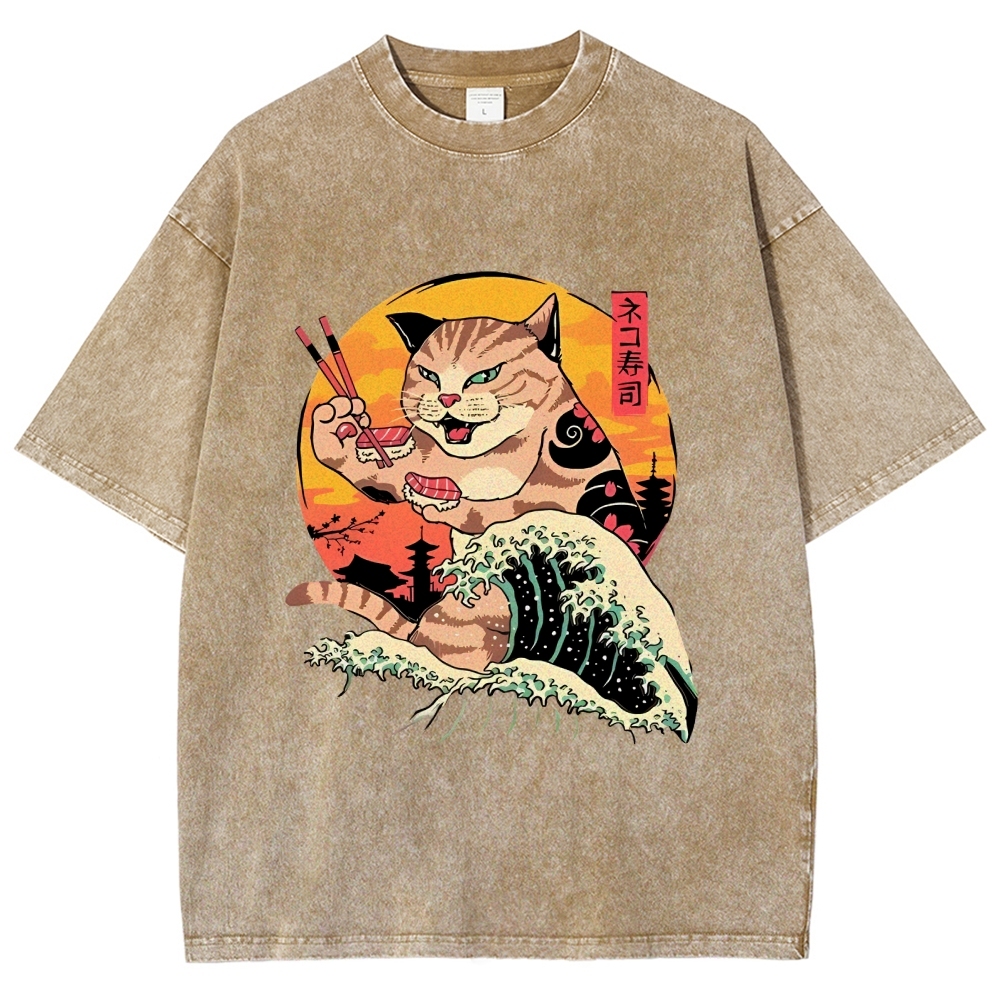  Ukiyoe Cat Washed T-Shirt