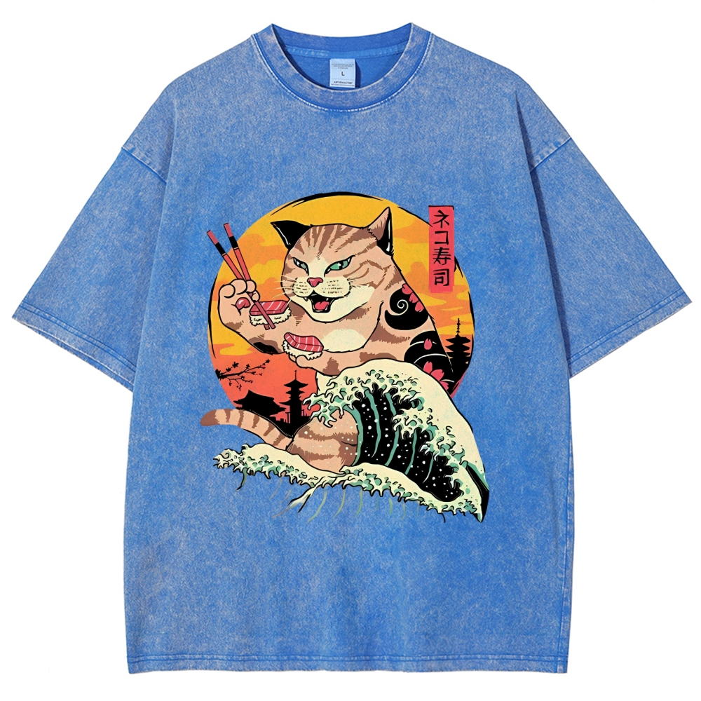 Ukiyoe Cat Washed T-Shirt