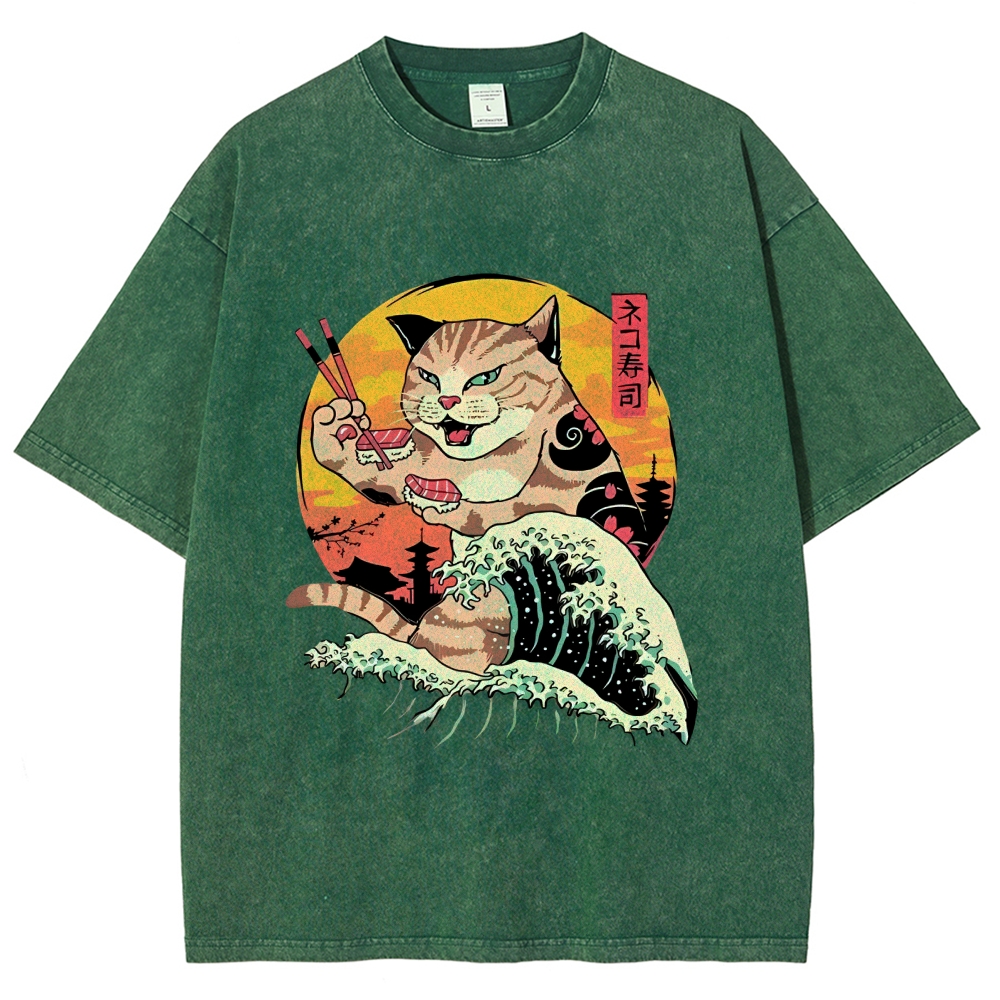  Ukiyoe Cat Washed T-Shirt