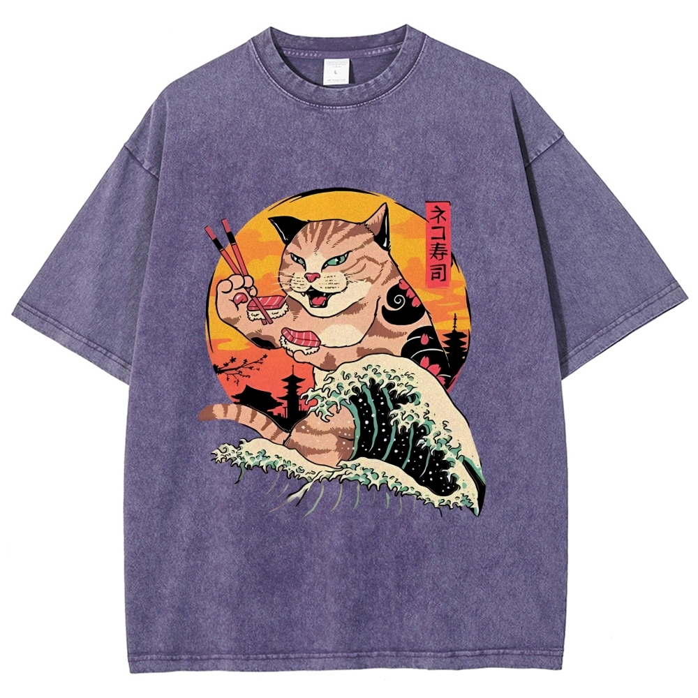  Ukiyoe Cat Washed T-Shirt
