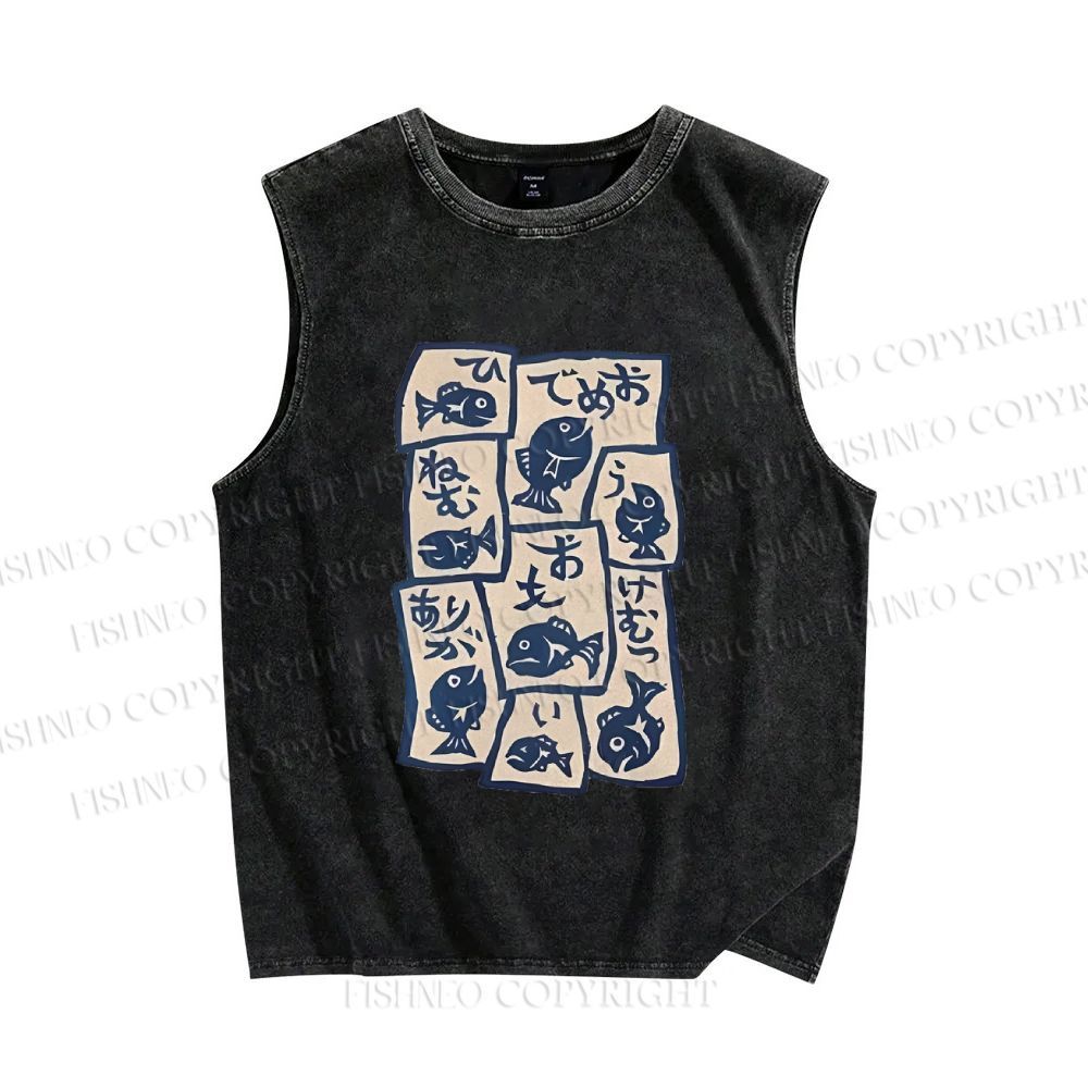 Unisex Japanese Fish Graffiti Printed Washed Tank Top