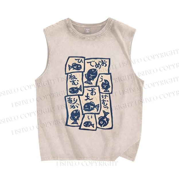 Unisex Japanese Fish Graffiti Printed Washed Tank Top