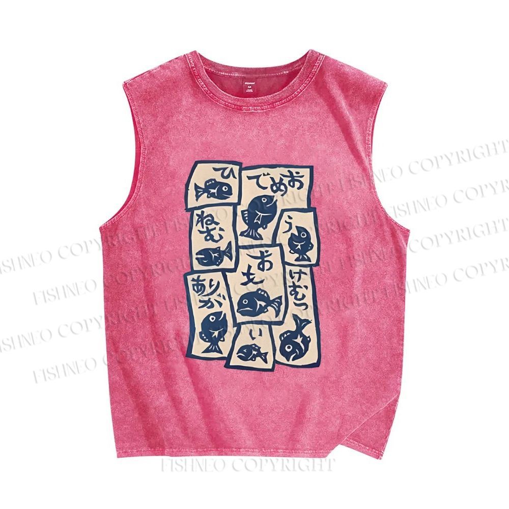 Unisex Japanese Fish Graffiti Printed Washed Tank Top