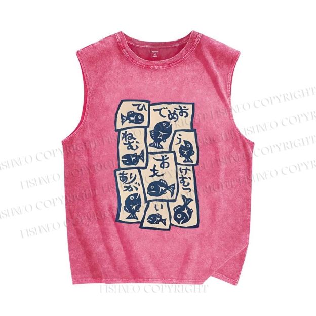 Unisex Japanese Fish Graffiti Printed Washed Tank Top