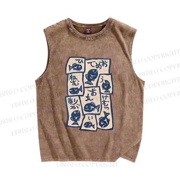 Unisex Japanese Fish Graffiti Printed Washed Tank Top