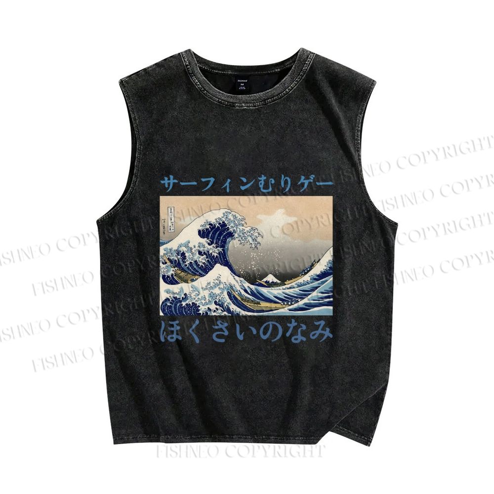 Unisex Japanese Ukiyo-e Sea Wave Printed Washed Tank Top