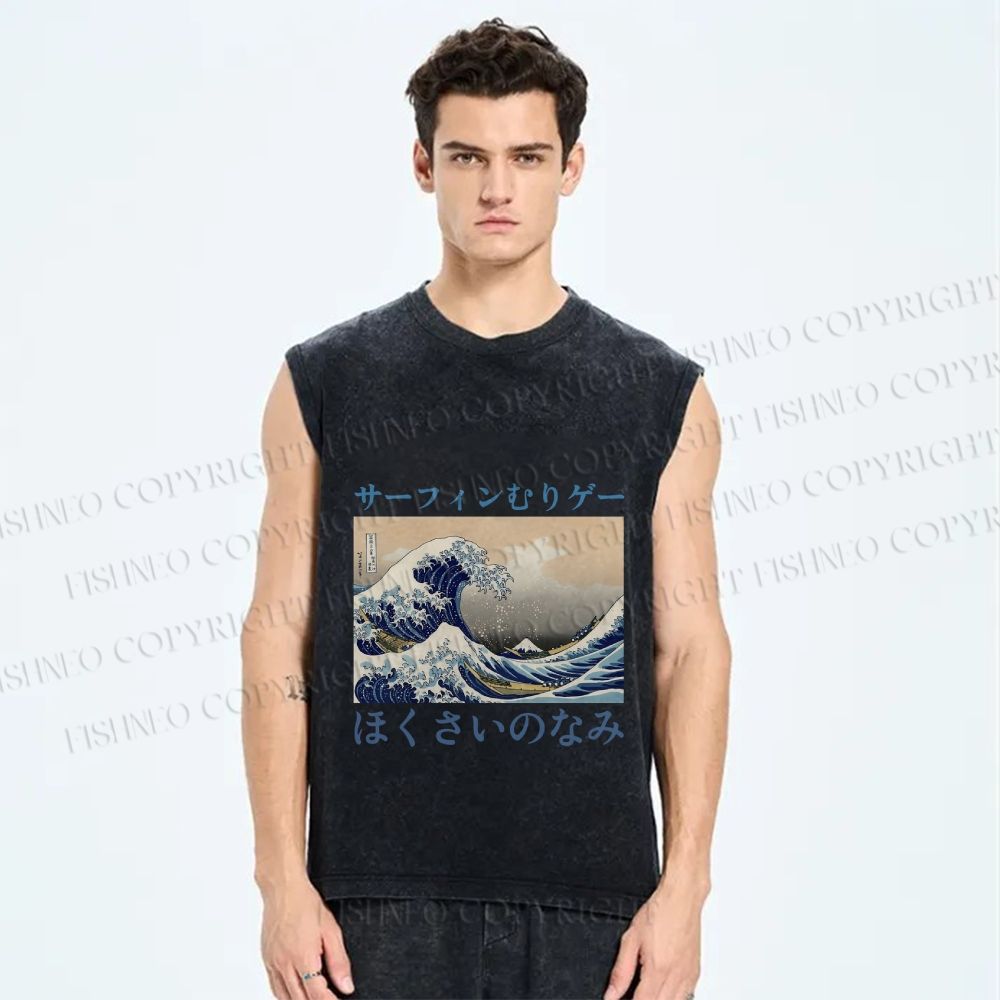 Unisex Japanese Ukiyo-e Sea Wave Printed Washed Tank Top