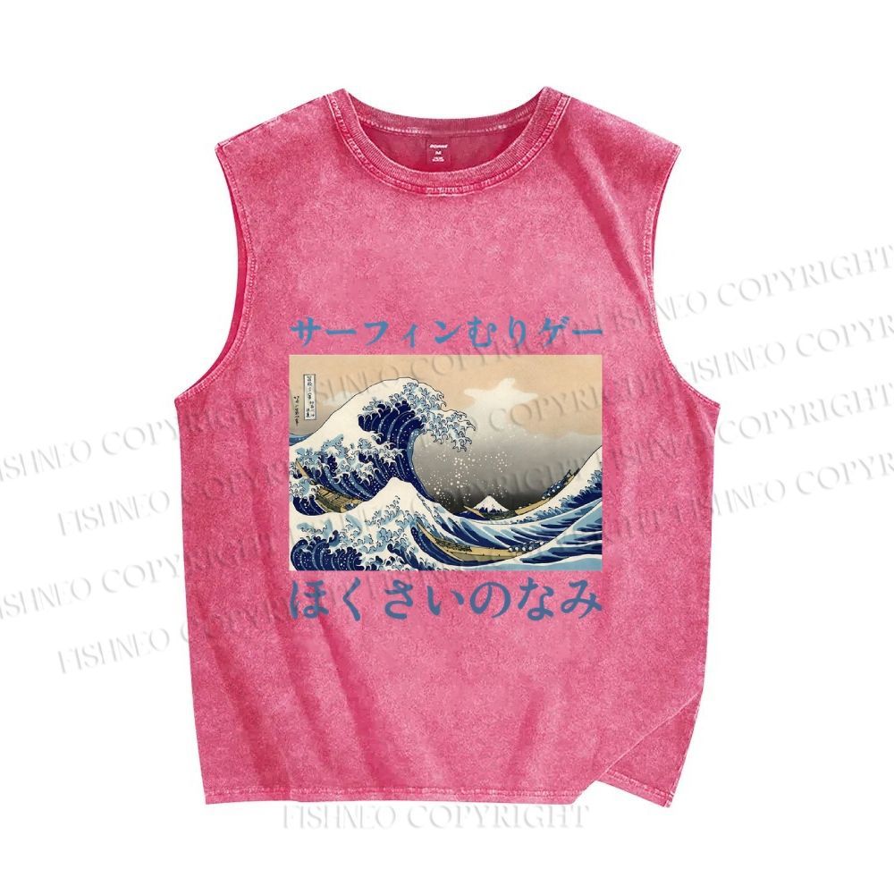 Unisex Japanese Ukiyo-e Sea Wave Printed Washed Tank Top