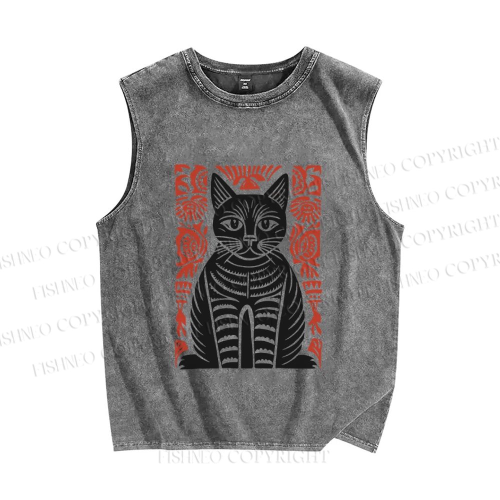 Unisex Vintage Cat Printed Washed Tank Top