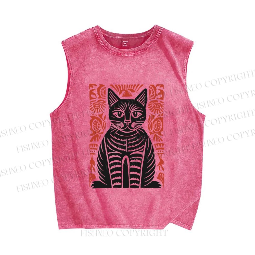 Unisex Vintage Cat Printed Washed Tank Top