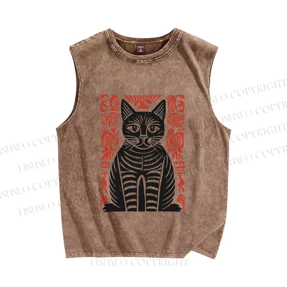 Unisex Vintage Cat Printed Washed Tank Top