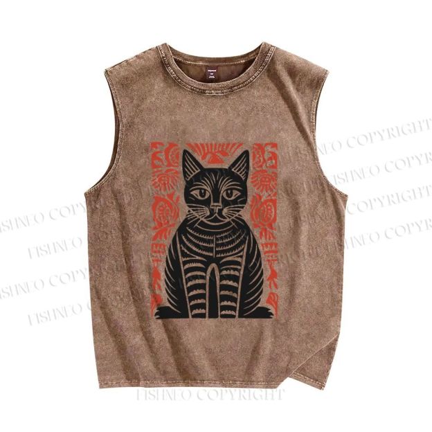 Unisex Vintage Cat Printed Washed Tank Top