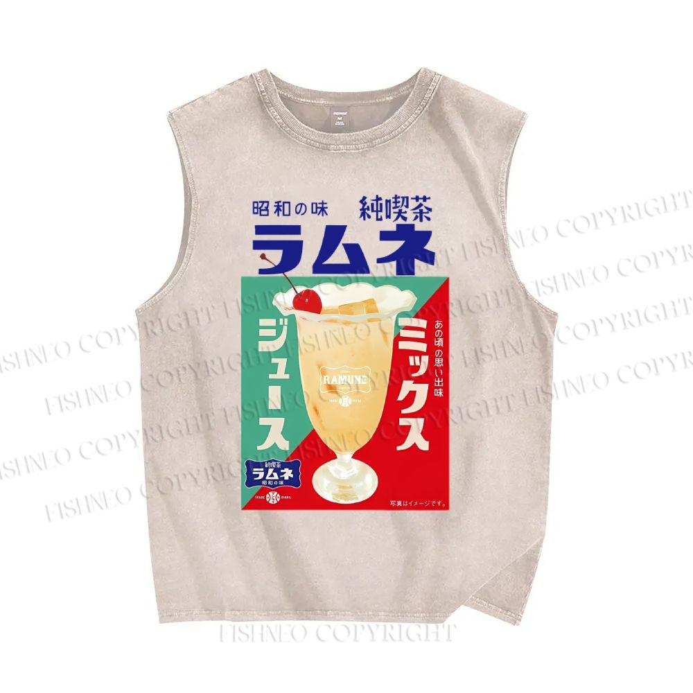 Unisex Japanese Drink Graffiti Printed Washed Tank Top