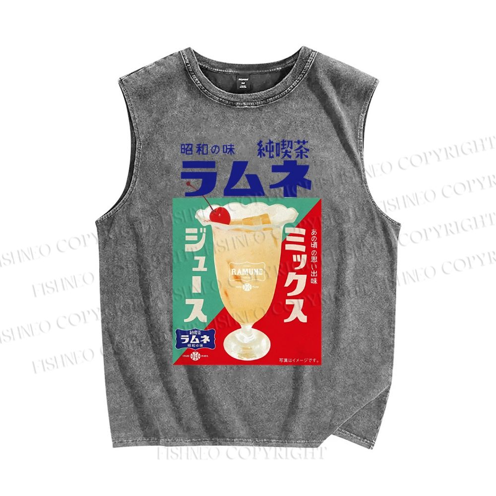Unisex Japanese Drink Graffiti Printed Washed Tank Top