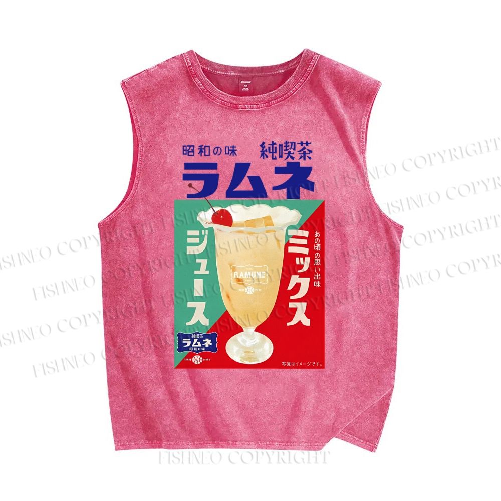 Unisex Japanese Drink Graffiti Printed Washed Tank Top