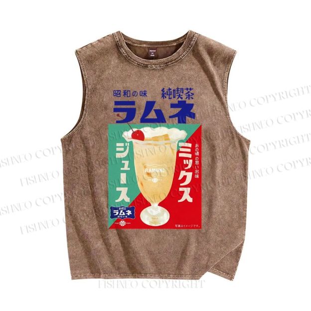 Unisex Japanese Drink Graffiti Printed Washed Tank Top
