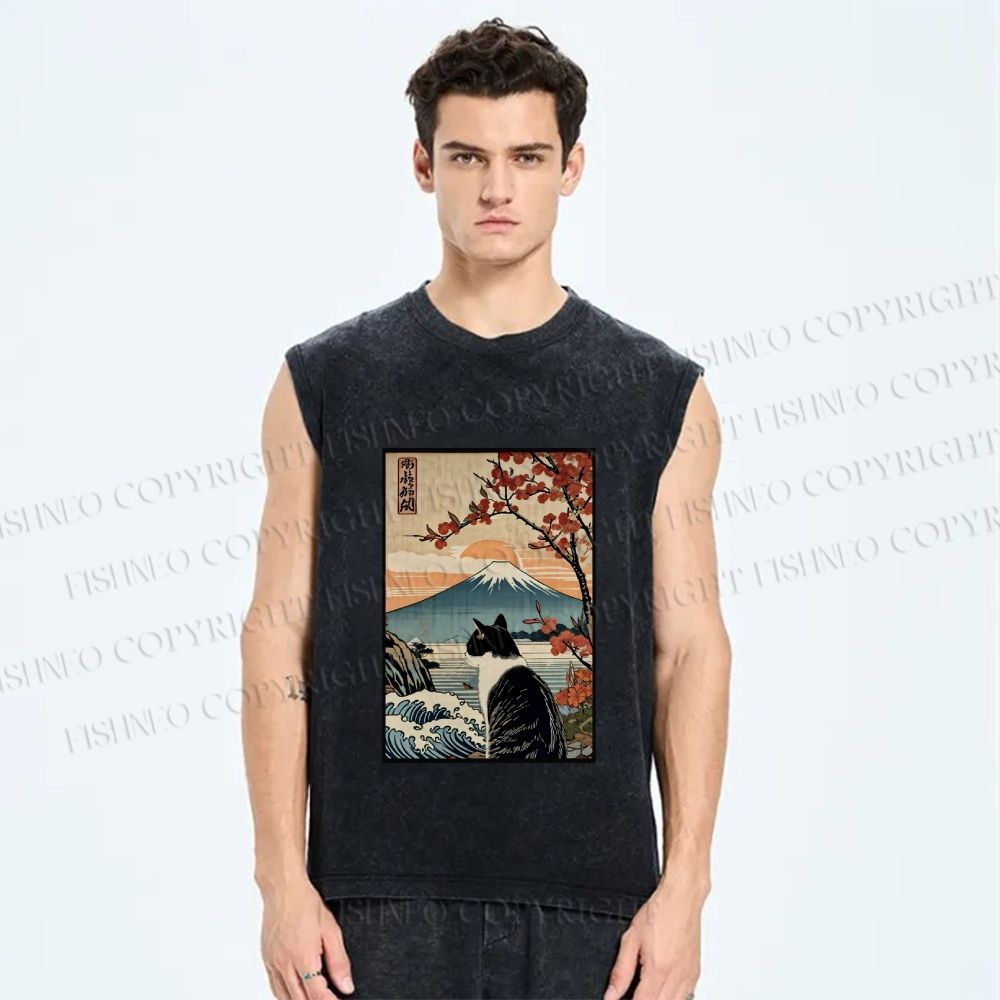 Unisex Vintage Japanese Art Cat Printed Washed Tank Top