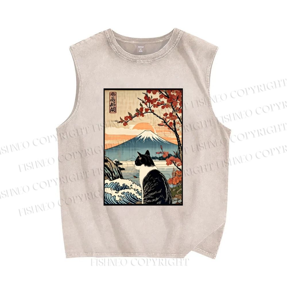 Unisex Vintage Japanese Art Cat Printed Washed Tank Top