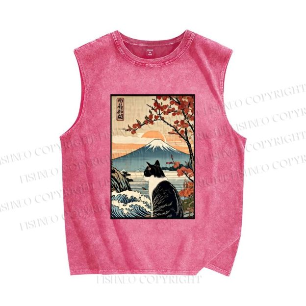 Unisex Vintage Japanese Art Cat Printed Washed Tank Top