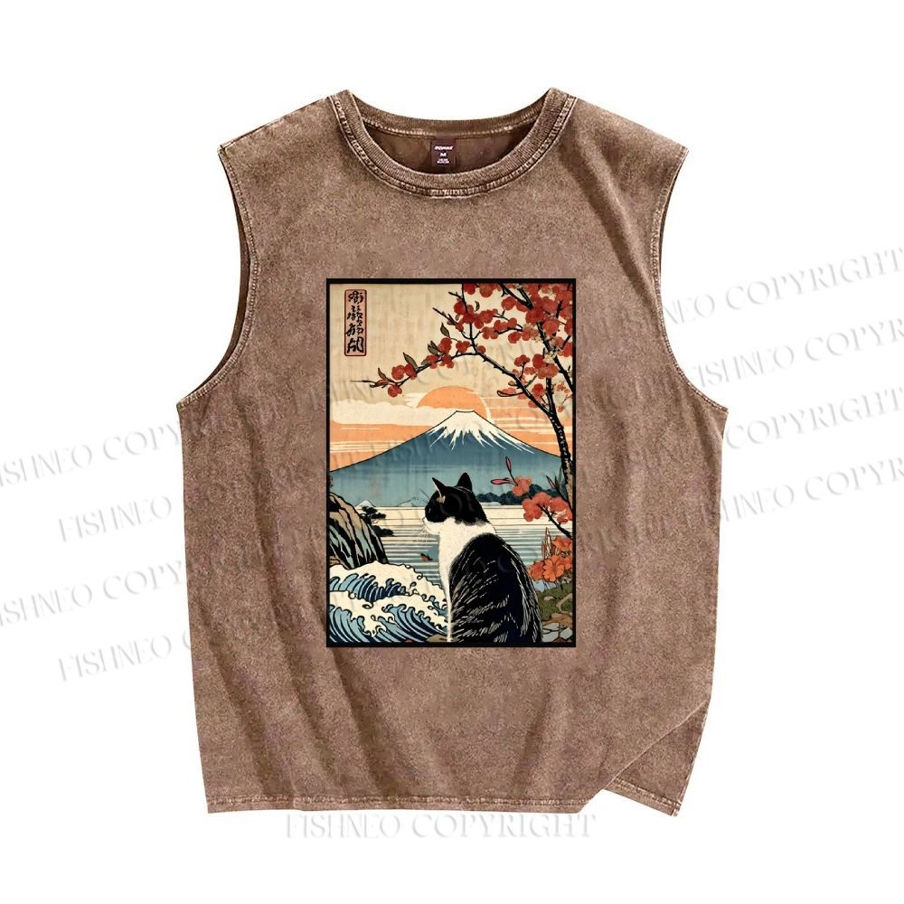Unisex Vintage Japanese Art Cat Printed Washed Tank Top