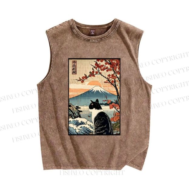 Unisex Vintage Japanese Art Cat Printed Washed Tank Top